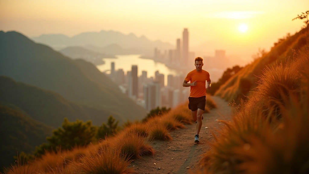 Runner on scenic trail in Hong Kong with city views