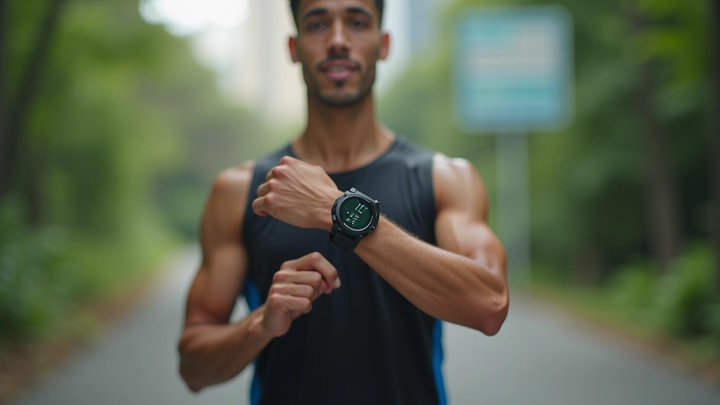 Runner wearing heart rate monitor, portrait from chest up, fitness tracking device visible
