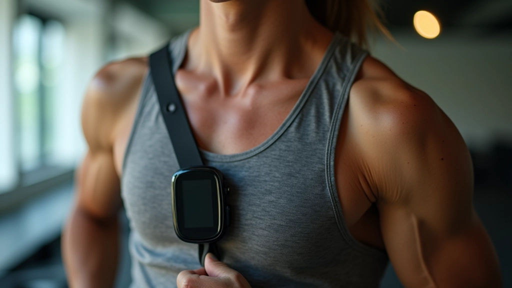 Runner wearing heart rate monitor chest strap, close-up of sports watch showing heart rate zones during cardio training