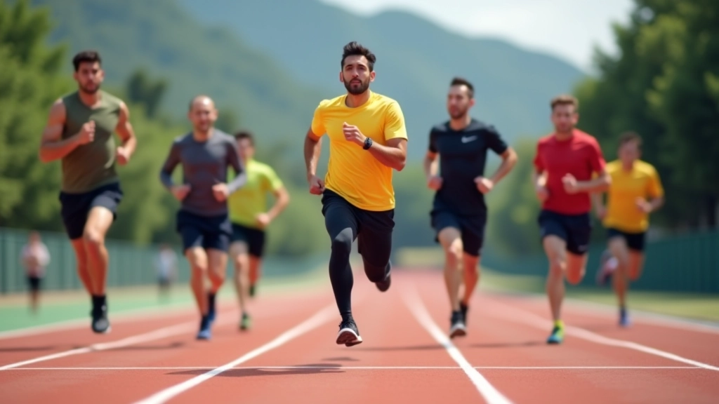 Coach demonstrating proper running form to athletes on outdoor track