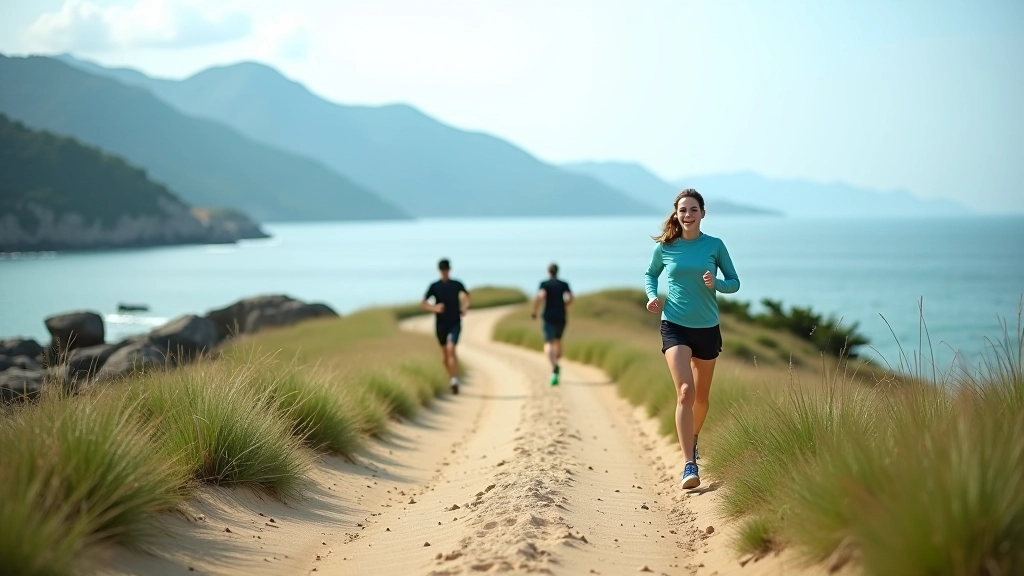 Coastal trail on Lantau Island with ocean view and mountains, natural landscape