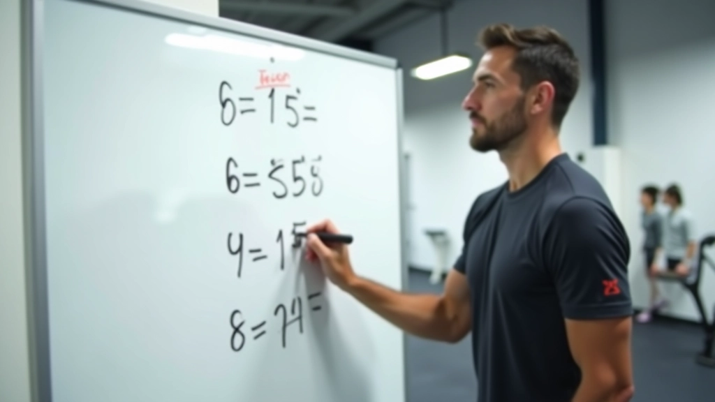 Coach demonstrating interval training structure on whiteboard with timing intervals marked, fitness class setup
