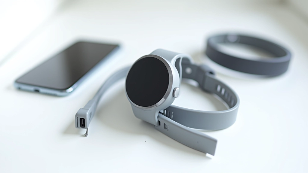 Various fitness devices laid out on white surface including chest heart rate monitor, sports watch, and smartphone with running app