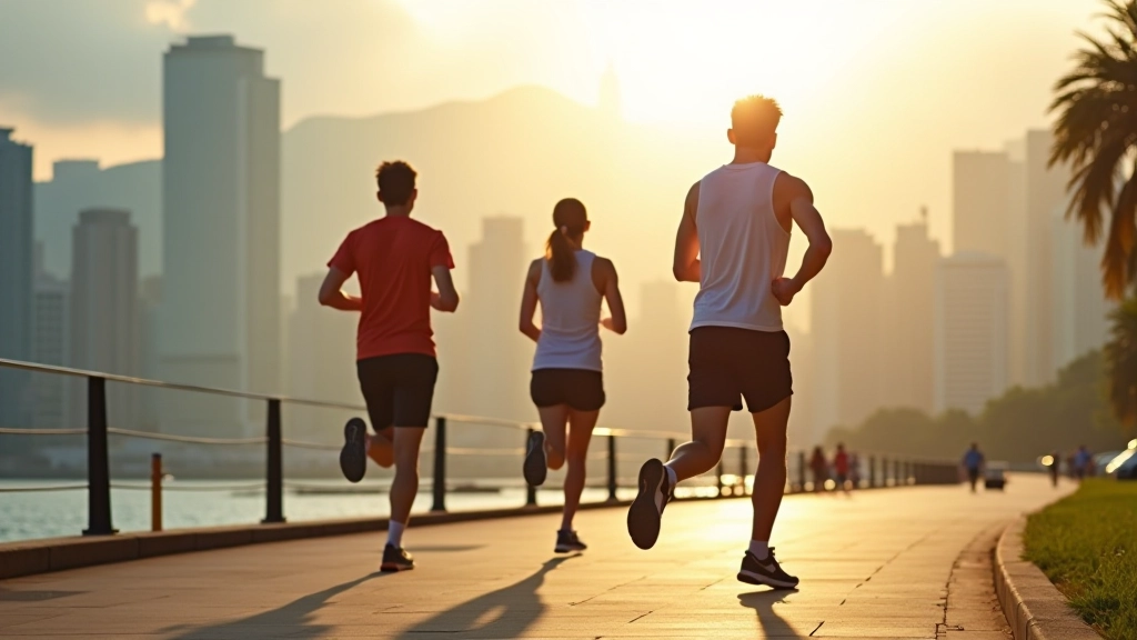 Group of runners training together on scenic Hong Kong coastal path during sunrise