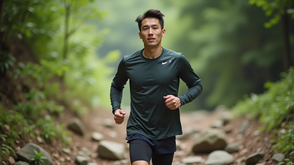 Runner training on scenic trail with elevation changes, practicing on uneven terrain, forest environment