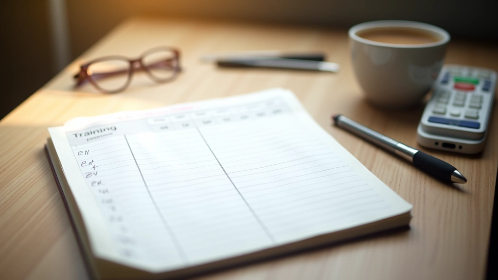 Training log notebook with weekly schedule written out, pen and coffee cup on wooden desk, morning natural lighting