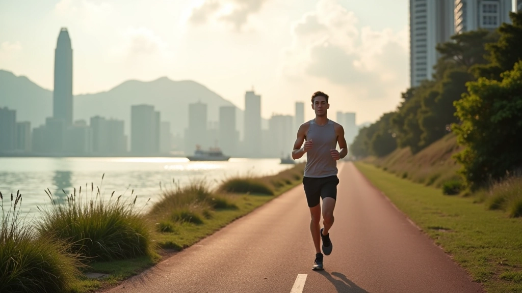 Scenic outdoor running route along Hong Kong waterfront with harbor view and urban landscape in background