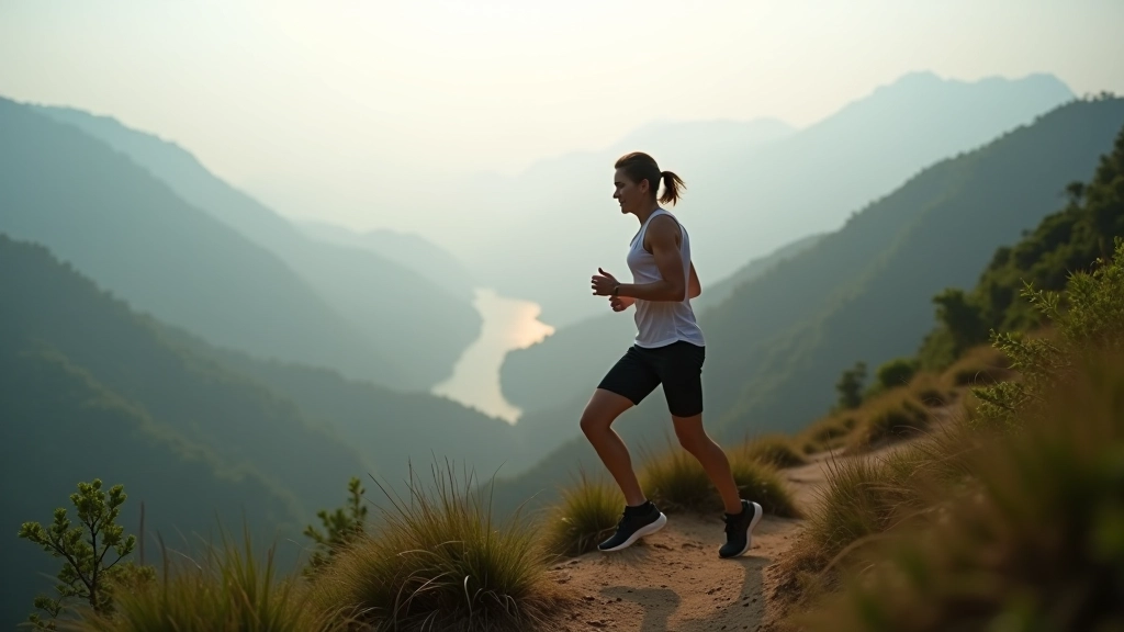 Runner training on scenic Hong Kong trail with mountain backdrop and morning light