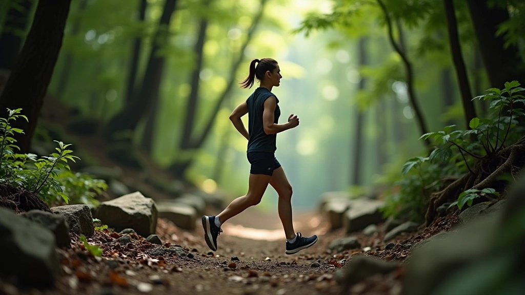 Runner on technical forest trail with rocks and roots, shaded wooded path