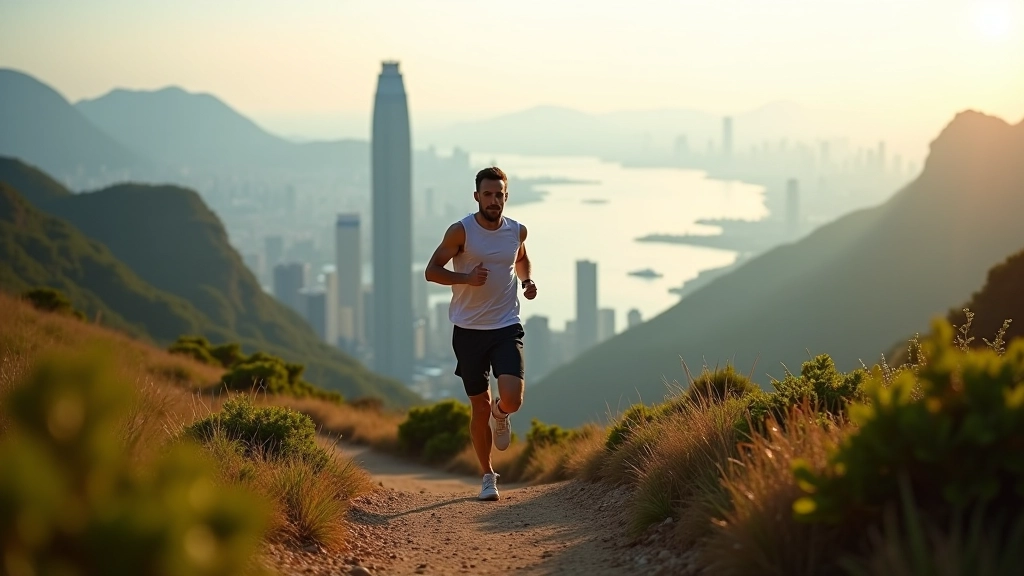 Runner on mountain trail at Victoria Peak with panoramic Hong Kong harbor view in background