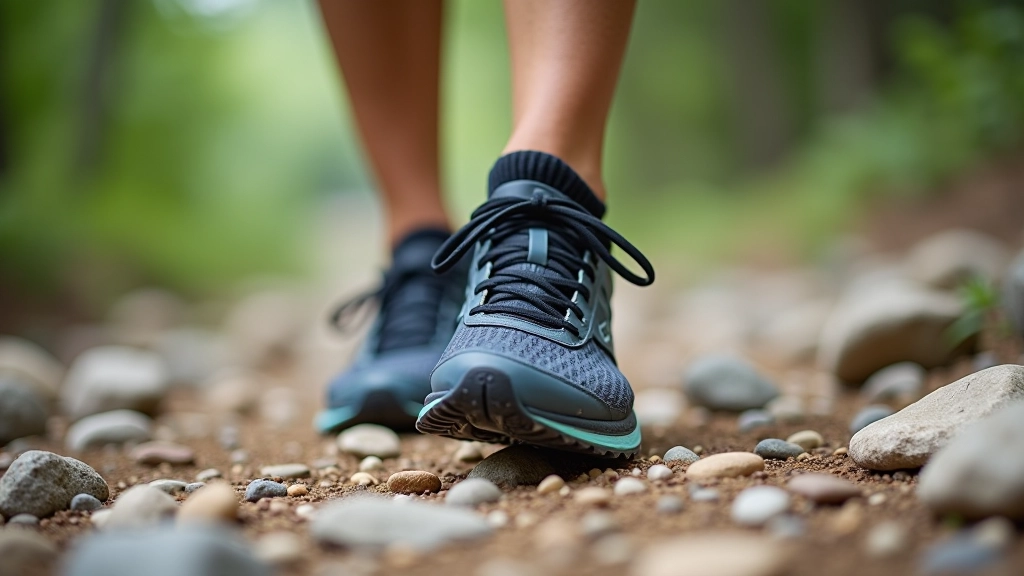 Close-up of athletic shoes on rocky trail surface during cardio run
