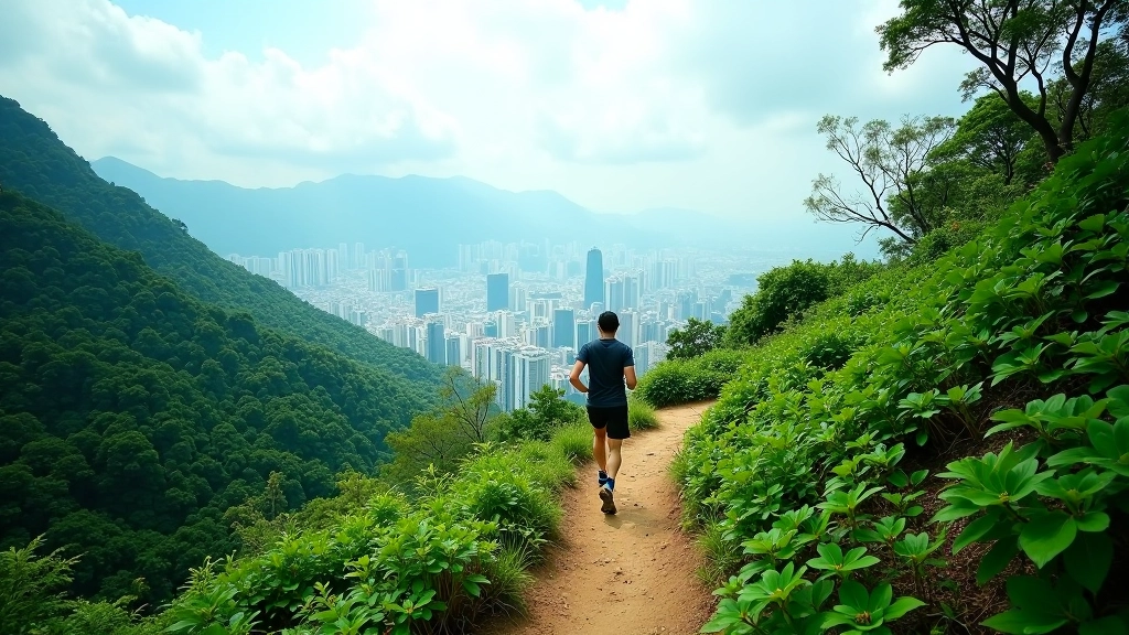 Panoramic view of Hong Kong mountain trail with forest canopy, distant city skyline, clear weather, expansive vista