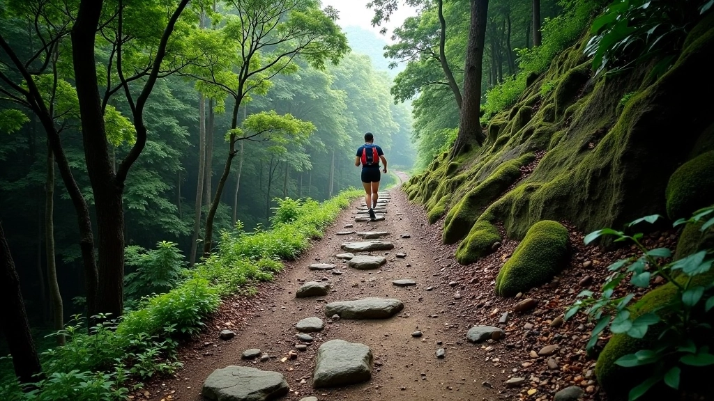 Mountain trail descending through forest, runners perspective, proper footing technique, technical terrain