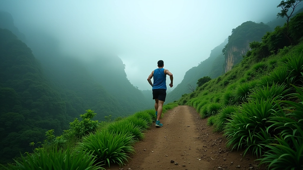 Runner on tree-covered trail in morning light with mist, scenic mountain path in Hong Kong