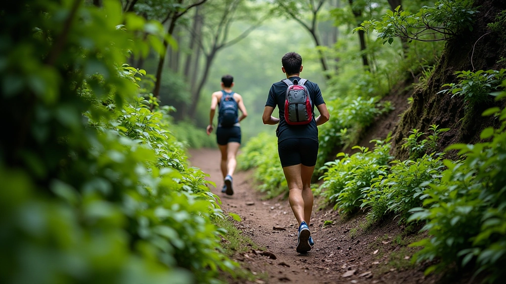 Trail runners ascending steep mountain path in lush forest environment