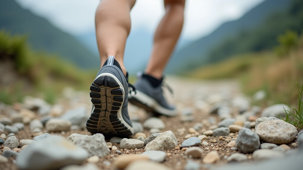 Trail running shoes close-up on rocky mountain path, grip pattern visible, professional sports footwear