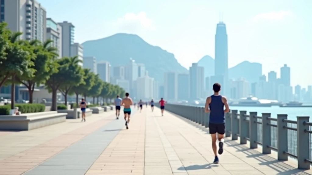 Waterfront promenade in Hong Kong with runners on flat path, harbor water and city skyline visible